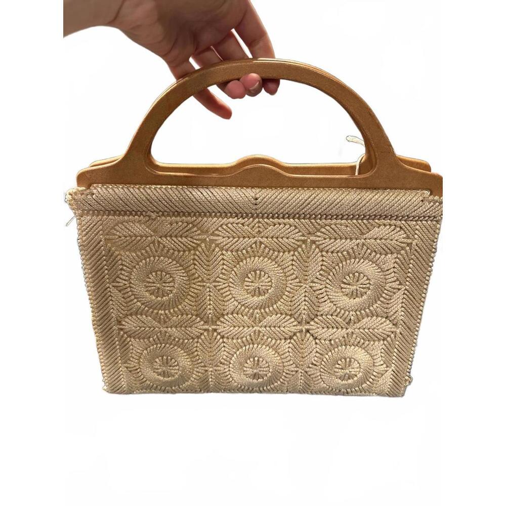 70s Vintage Needlepoint Boho Handbag with Wood Handle - Picture 5 of 5